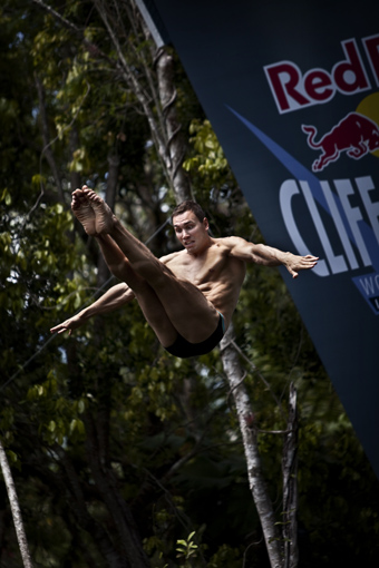 Cliff diver, Michal Navratil of Czech Republic, dives from the 27.25 metre platform during the second stop of the Red Bull Cliff Diving World Series at Ik Kil cenote in Chichen Itza, Yucatan, Mexico on April 10th 2011.