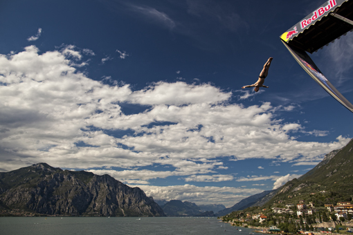 Alain Kohl of Luxemburg dives from the 27 metre platform on Scaliger Castle during the first training session of the fifth stop of the Red Bull Cliff Diving World Series, Malcesine, Italy on July 22nd 2011.