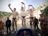 (L to R) Michal Navratil of Czech Republic, Gary Hunt of Great Britan and Artem Silchenko of Russia celebrate during the third stop of the Red Bull Cliff Diving World Series at Lake Vouliagmeni in Athens, Greece on May 22nd 2011.